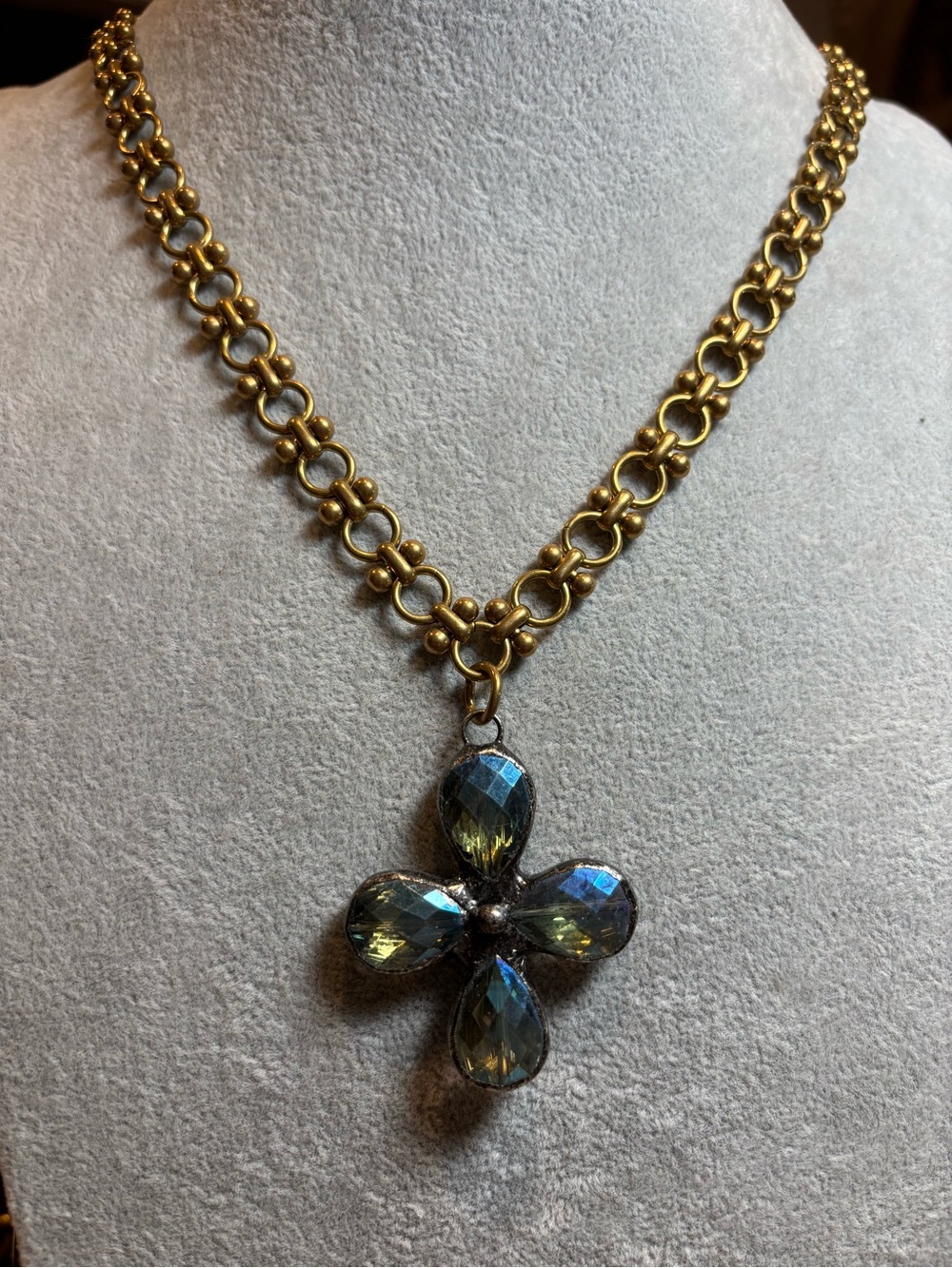 Gold tone vintage Chain Necklace with Blue-Green Crystal Cross Pendant